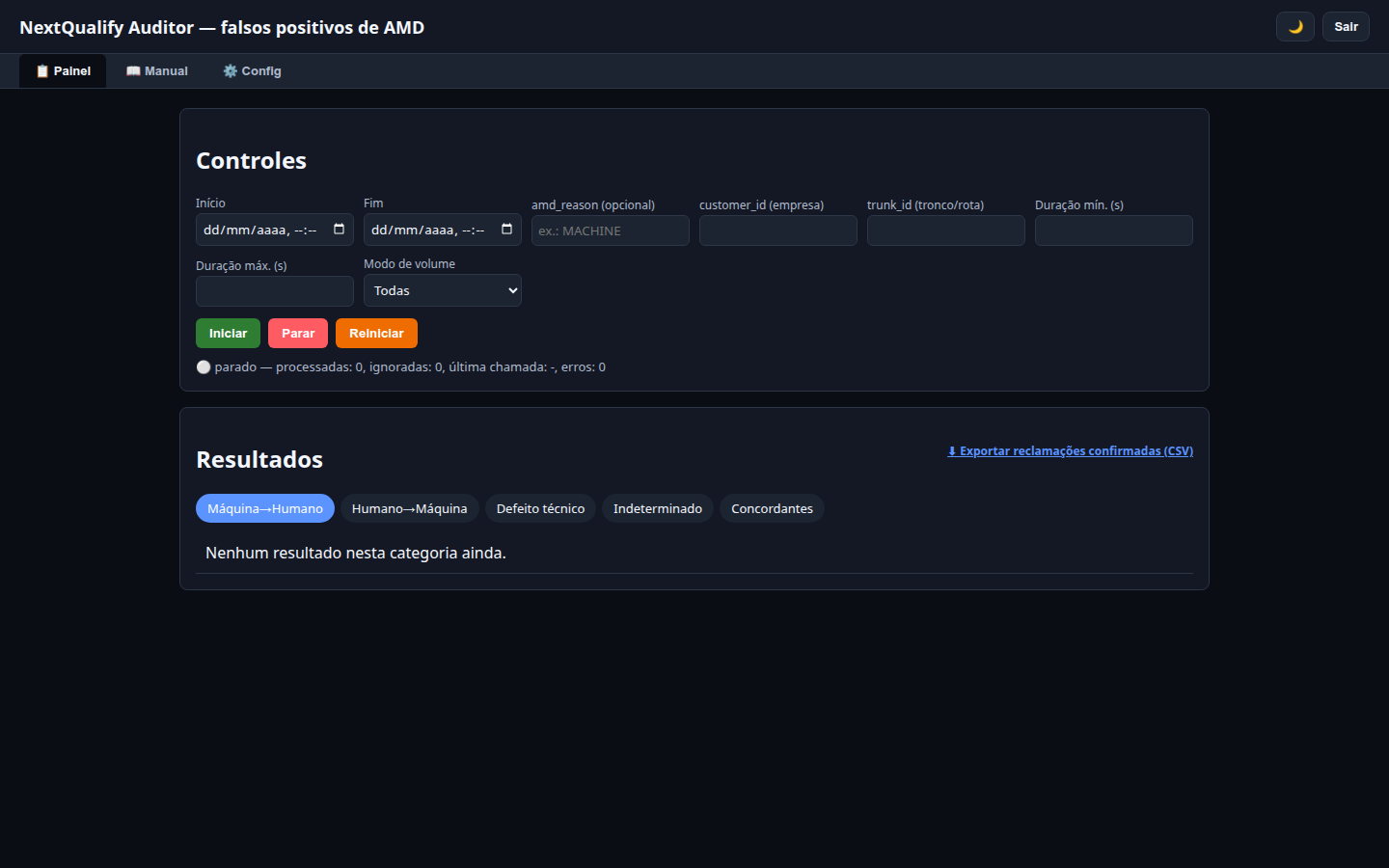 As cinco categorias de divergência, com filtro por empresa e por tronco
