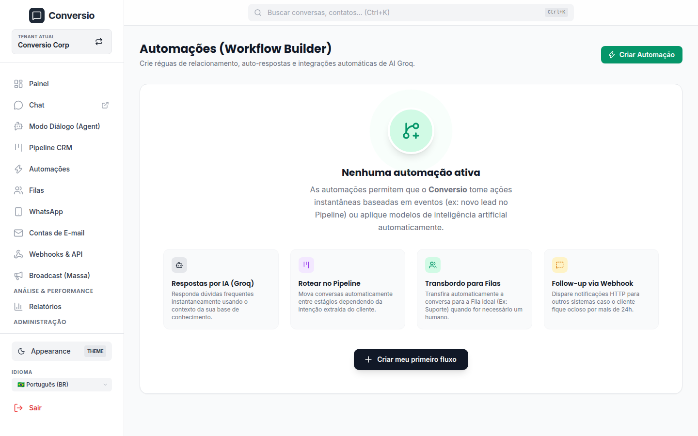 Motor de automação e fluxos de bot