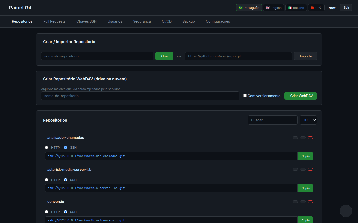 Painel de administração com os repositórios hospedados