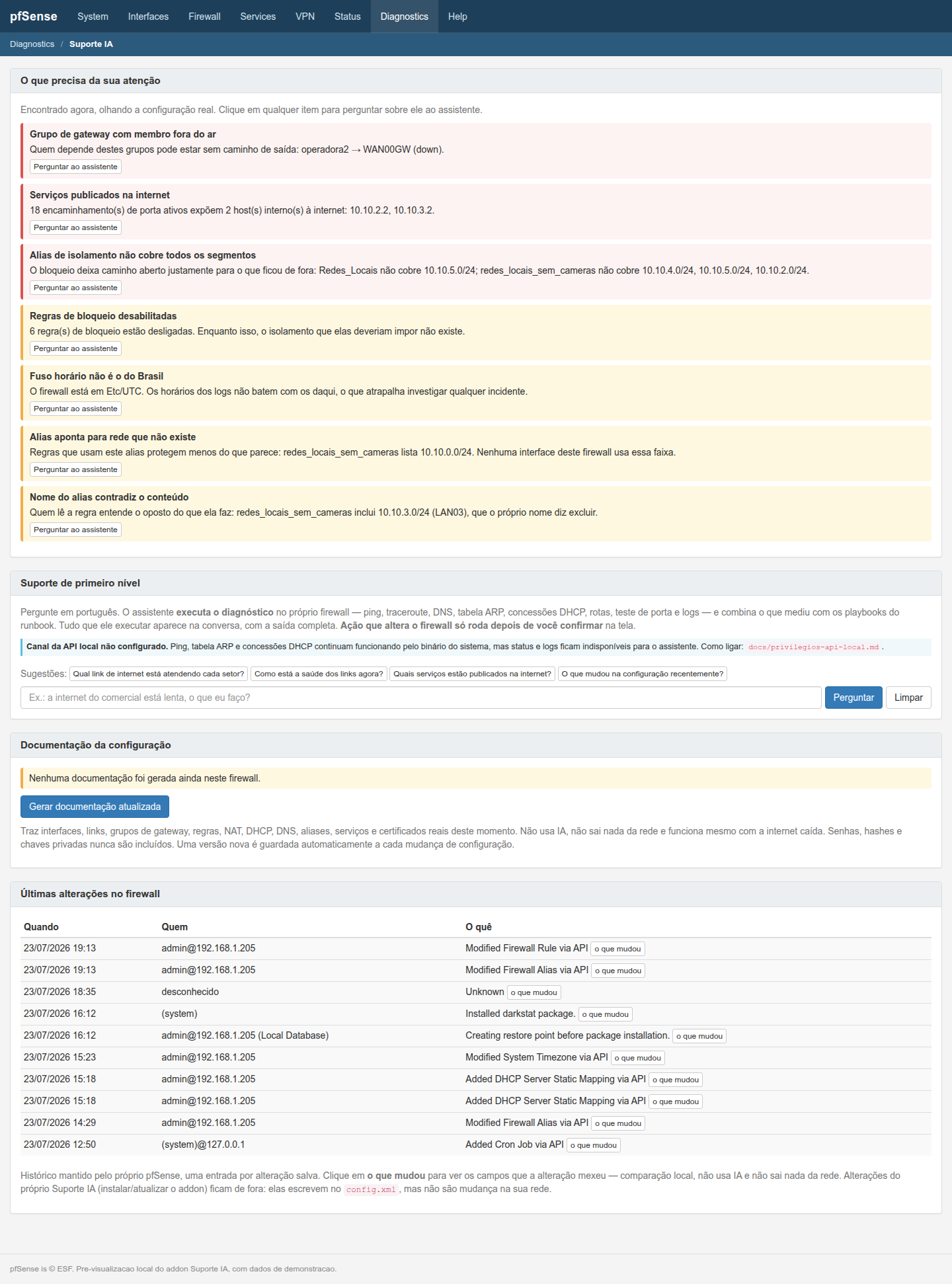 Painel do Suporte IA no pfSense