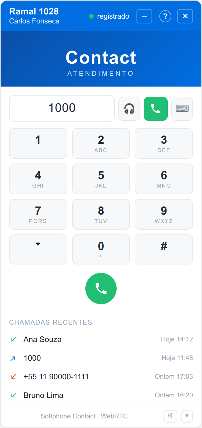 Discador com teclado, histórico e ramal registrado